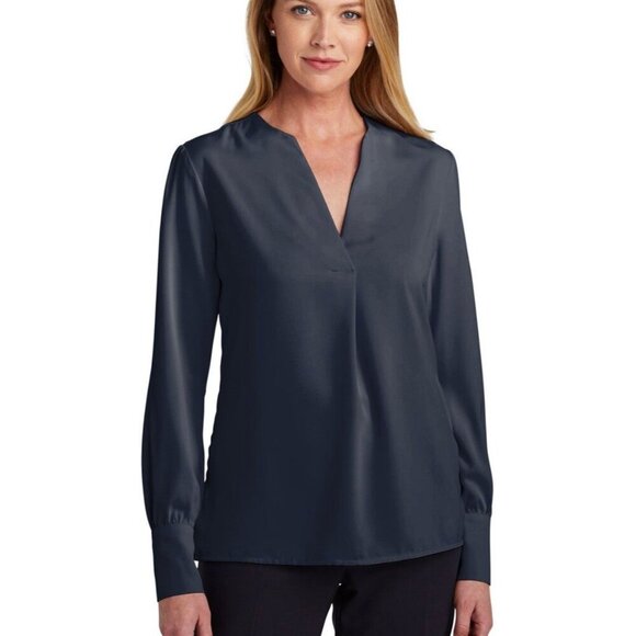 Brooks Brothers Tops - Brooks Brothers women open neck satin blouse Navy top size S A000751